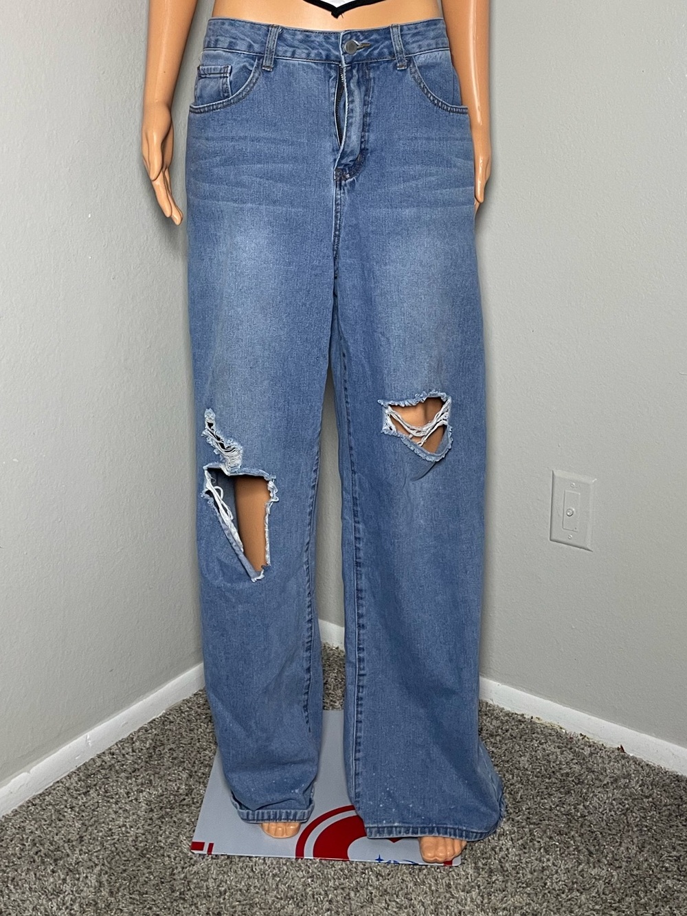 Light Blue High-Rise Distressed Wide-Leg Jeans